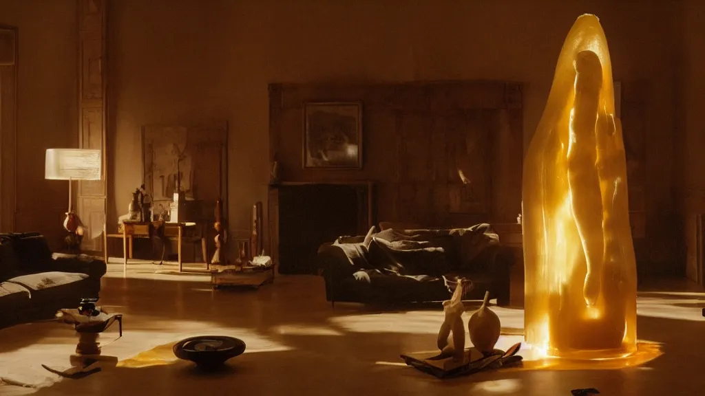 Image similar to a giant hand made of wax and water floats through the living room, film still from the movie directed by Denis Villeneuve with art direction by Salvador Dalí, wide lens