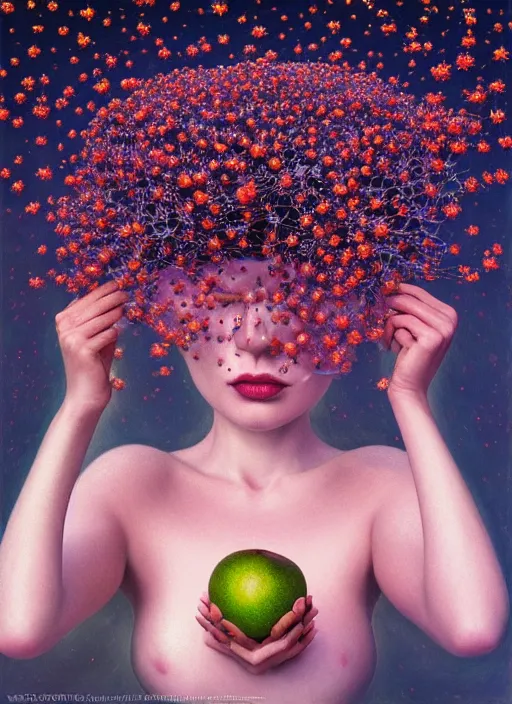 Image similar to hyper detailed 3d render like a Oil painting - Aurora (Singer) Eats of the Strangling Fruit and Her Hands full of gossamer polyp blossoms bring iridescent fungal flowers whose spores black the foolish stars by Jacek Yerka, Mariusz Lewandowski, Houdini algorithmic generative render, Abstract brush strokes, Masterpiece, Edward Hopper and James Gilleard, Zdzislaw Beksinski, Mark Ryden, Wolfgang Lettl, hints of Yayoi Kasuma, octane render, 8k