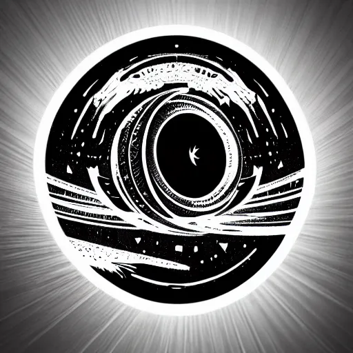 Image similar to tattoo png logo of black hole rising above city, city destroyed by shockwave, black hole with accretion disс, digital art, vector logo, sticker, black and white, art by stefan koidl, brock hofer, marc simonetti