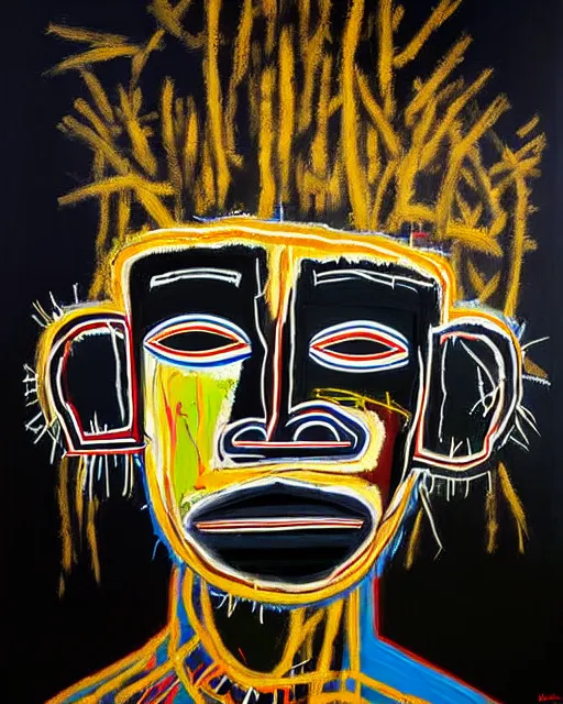 Prompt: A extremely ultra highly detailed majestic hi-res beautiful immaculate head and shoulders award winning painting stunning masterpiece of the face of a ultra highly detailed strong black ultra detailed African mask portrait by Jean-Michel Basquiat, 8k, high textures, ultra hyper sharp, insanely detailed and intricate, super detailed, 8k HDR ultra high quality