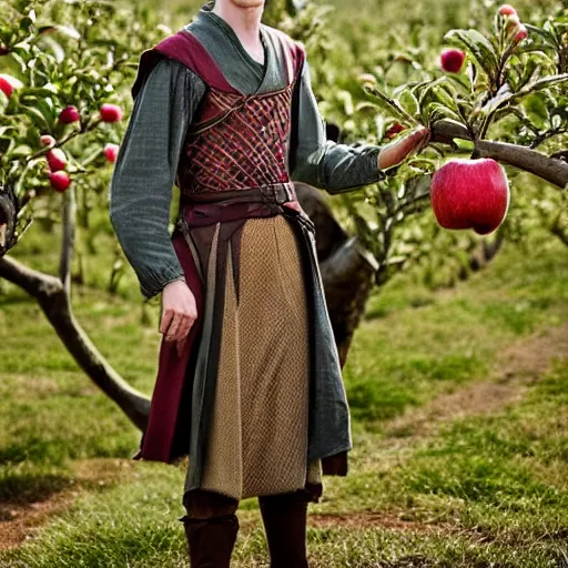 Prompt: portrait of a slender elven man, standing in an apple orchard, dressed in medieval style, very handsome, dungeons and dragons