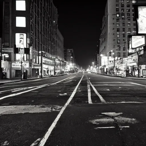 Prompt: photo of abandoned New York city street at night after the war between humans and AIs, film grain, soft vignette, Canon EOS Digital Rebel XTi, 100-300mm Canon f/5.6, Exposure time: 1/160, ISO 400