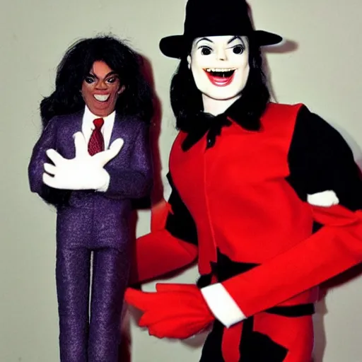 Prompt: michael jackson as a ventriloquist dummy, puppetered by john cena