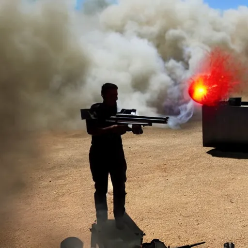 Image similar to a man shooting a machine gun in a shooting range, guns blazing, muzzle flashes showing, smoke, bullets shredding the target to pieces, exploding barrels