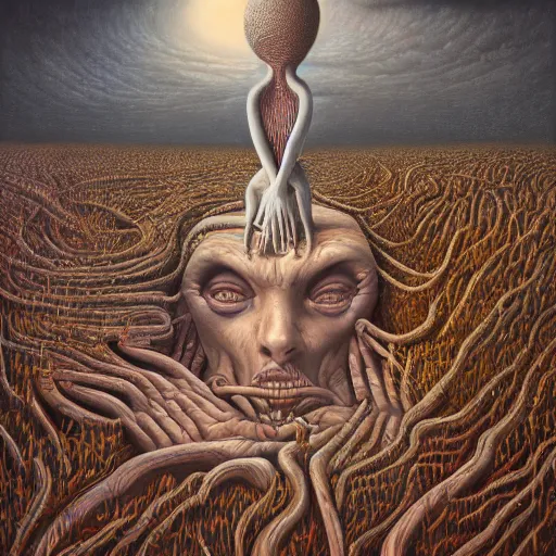 Image similar to HER AFTER LIFE by jacek yerka, alex gray, zdzisław beksiński, dariusz zawadzki, jeffrey smith and h.r. giger, oil on canvas, 8k highly professionally detailed, trending on artstation