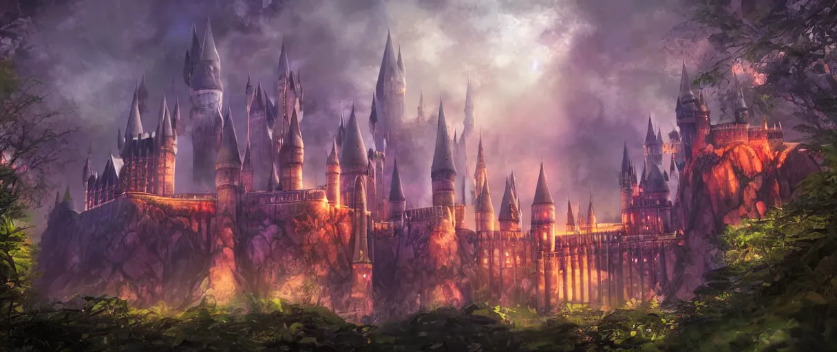 Image similar to huge hogwarts type castle city in the forest behind a garden, concept art, digital painting, style of jordan grimmer, warm lighting, futuristic, volumetric lighting, view from below, vivid colours, bright, daytime, godrays, high detail