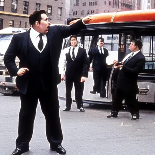 Prompt: clean-shaven Jon Favreau as Happy Hogan wearing a black suit and black necktie fighting a bus in the streets of New York city, cinematic, 33mm film still