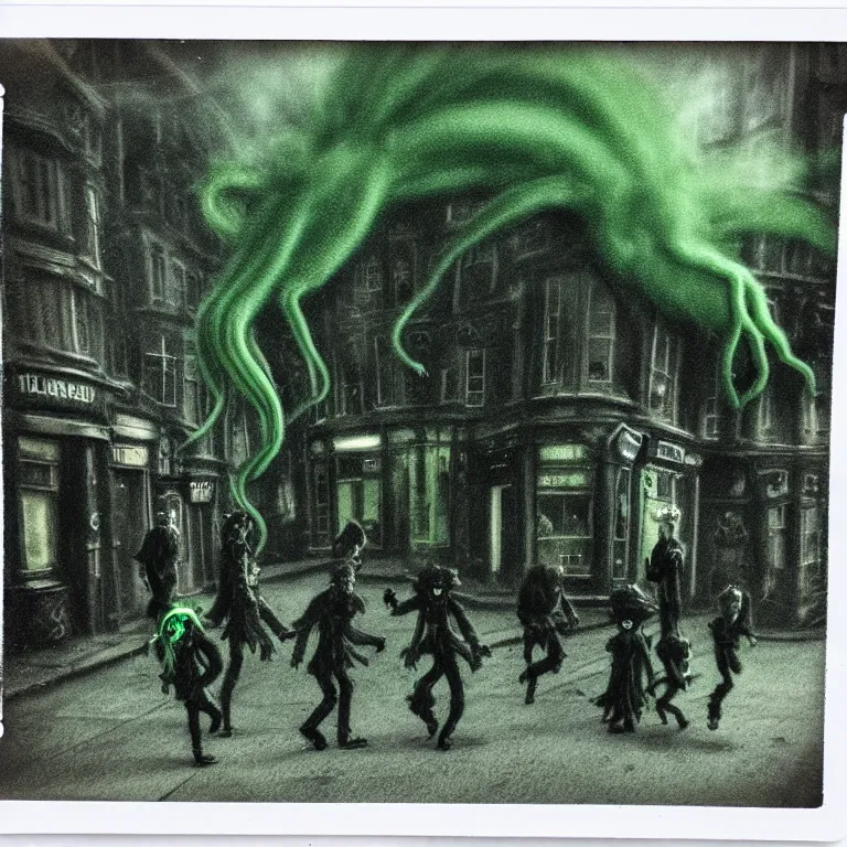 Image similar to black and dark green eldritch smoke and tendril monsters in a typical english high street. terrified people running and screaming. polaroid. photorealistic. highly detailed