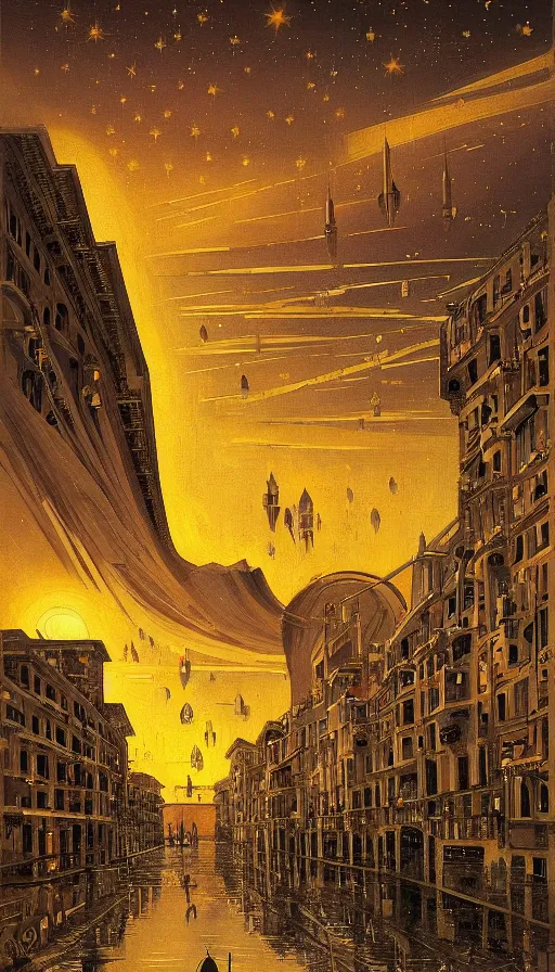 Image similar to The starlit city of wisdom and dreams at sunset, italian futurism, da vinci, Josan Gonzalez