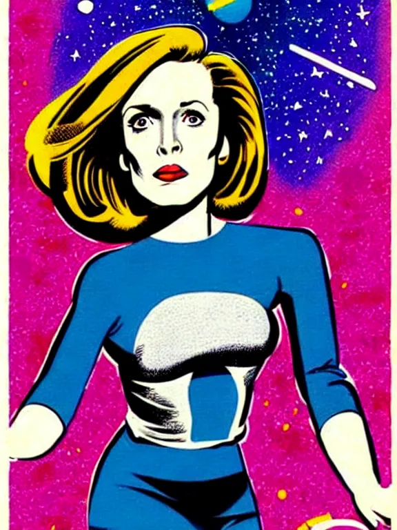 Image similar to dana scully illustrated by jack kirby, floating, hand outstretched, energy effects, power cosmic, poster, pen - and - ink illustration, kirby inks