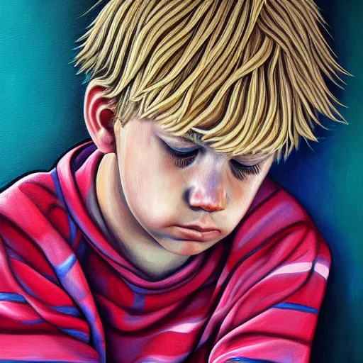Prompt: highly detailed painting of deep sadness alone, young blonde boy, expressive emotional sadness piece, trending on art station, abstract emotional sadness expression, very very very beautiful, digital art