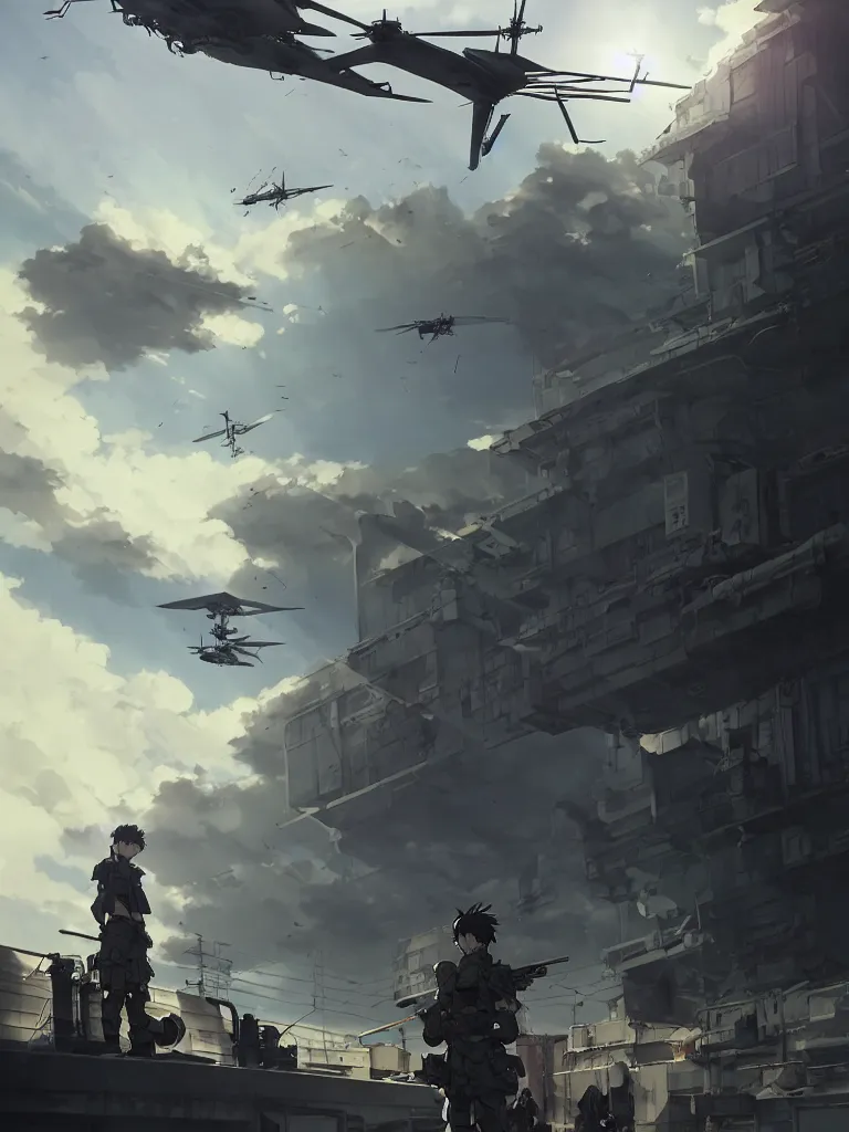 Image similar to Epic scene of a beautiful anime soldier standing in front of a cyborg repair shop, while a futuristic military helicopter flies overhead, by Greg Rutkowski and Krenz Cushart and Pan_Ren_Wei and Hongkun_st and Bo Chen and Enze Fu and WLOP and Alex Chow, Madhouse Inc., anime style, crepuscular rays, set in rainy futuristic cyberpunk Tokyo street, dapped light, dark fantasy, cgsociety, trending on artstation