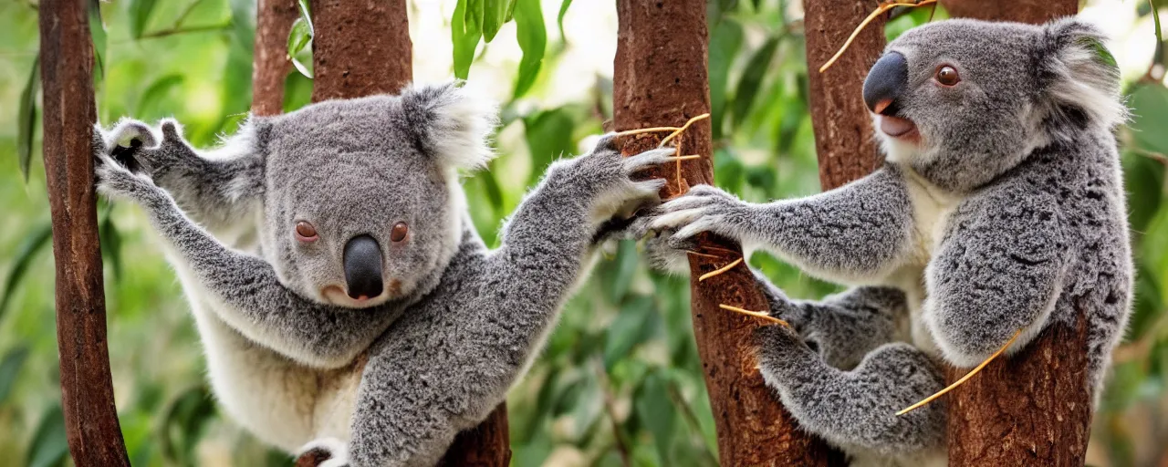 Image similar to 1 koala eating spaghetti from a tree, in the style of national geographic, canon 5 0 mm, film, kodachrome, retro, muted