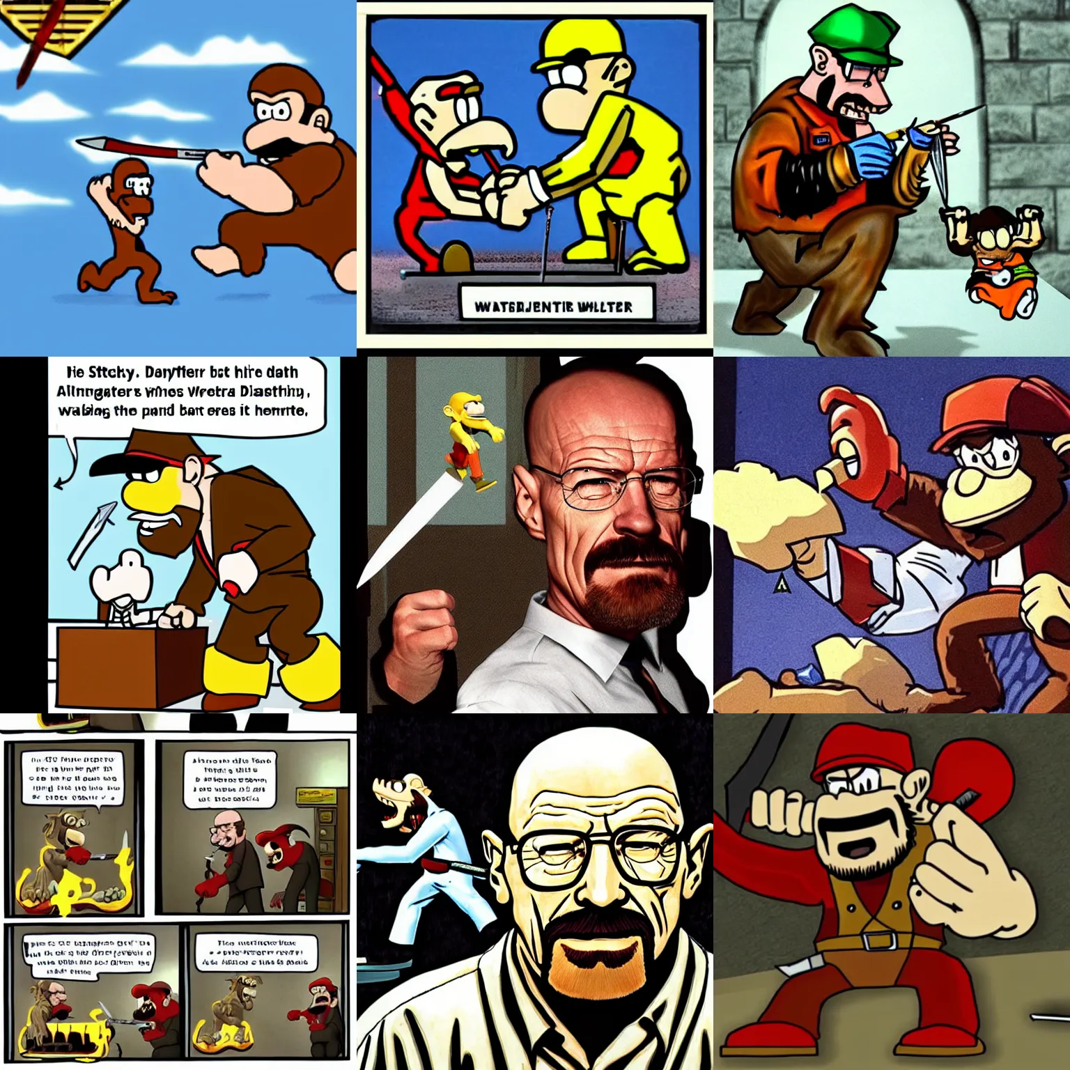 Prompt: realistic photograph of walter white being stabbed to death by donkey kong