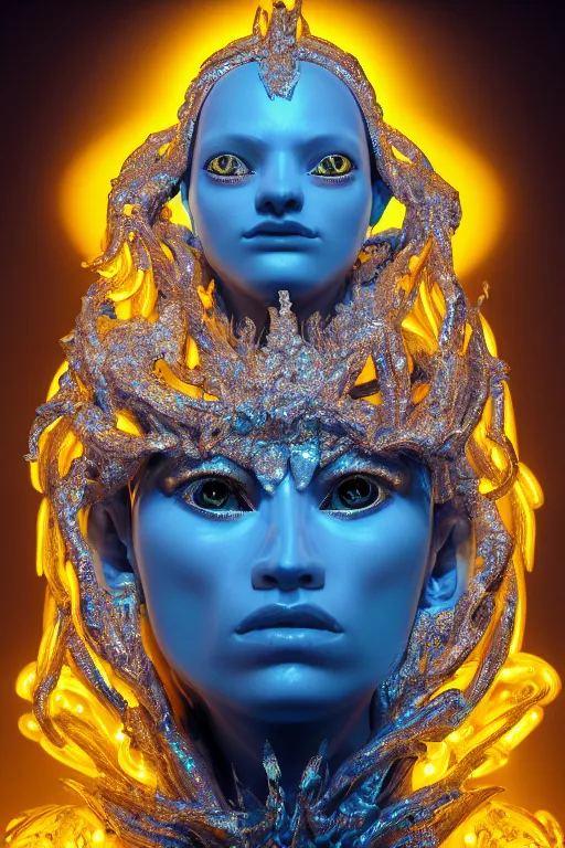 Prompt: hyper detailed ultra sharp portrait of baroque and bladerunner delicate neon diamond sculpture of seductive albino pharaoh, diamond blue sphinx iridescent humanoid deity wearing metallic hoody made out of hands holding the sun prismatic dungeon, glowing blue face, crown of white diamonds, cinematic lighting, photorealistic, octane render 8 k depth of field 3 d