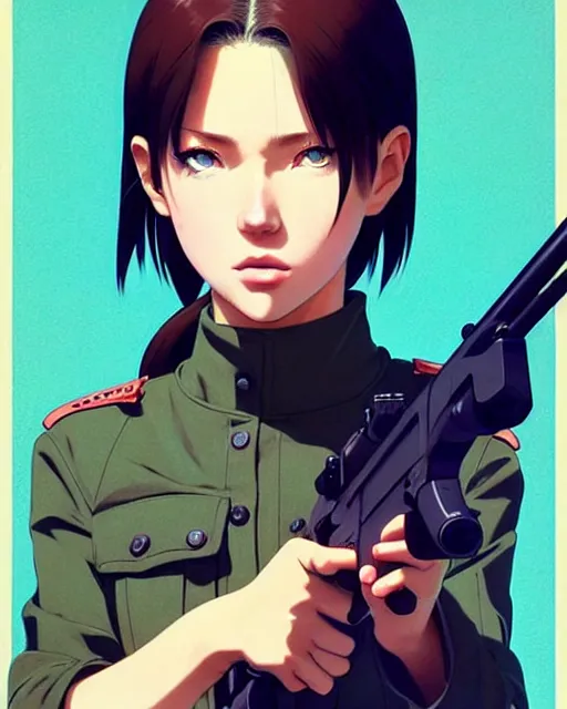 Image similar to girl holding a rifle | | very very anime!!!, fine - face, audrey plaza, realistic shaded perfect face, fine details. anime. realistic shaded lighting poster by ilya kuvshinov katsuhiro otomo ghost - in - the - shell, magali villeneuve, artgerm, jeremy lipkin and michael garmash and rob rey