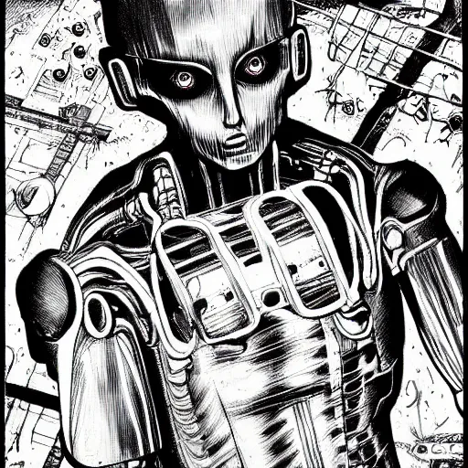 Image similar to horrific cyberpunk robot human cyborg, flesh and bones exposed, junji ito style manga drawing, highly detailed