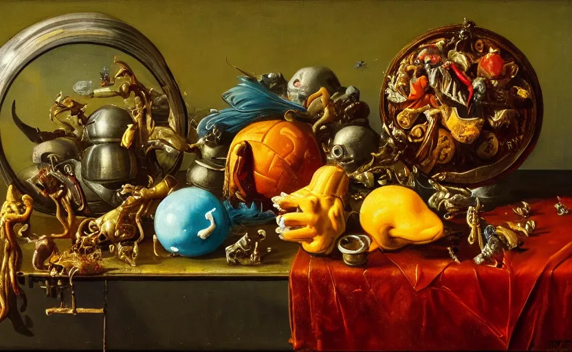 Image similar to disturbing colorful oil painting dutch golden age vanitas still life with bizarre objects strange gooey surfaces shiny metal bizarre insects rachel ruysch dali todd schorr very detailed perfect composition rule of thirds masterpiece canon 5 0 mm, cinematic lighting, photography, retro, film, kodachrome