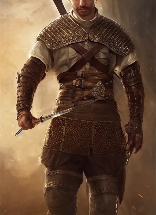 Prompt: a relaxed gorgeous male medieval warrior, short brown hair, stringy, full body, 8 k, hyperrealistic, hyperdetailed, fantasy portrait by laura sava