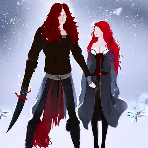 Image similar to A woman and a man are standing in the snow, the woman is leaning against the man, the man has long red hair, the woman has blonde long hair, the man has a red thick sword, the woman has a thin, long sword, a tree almost fully covered in bulky snow, concept art by Fabien Charuau, trending on pixiv, fantasy art, official art, wiccan, concept art, 4k, sharp details