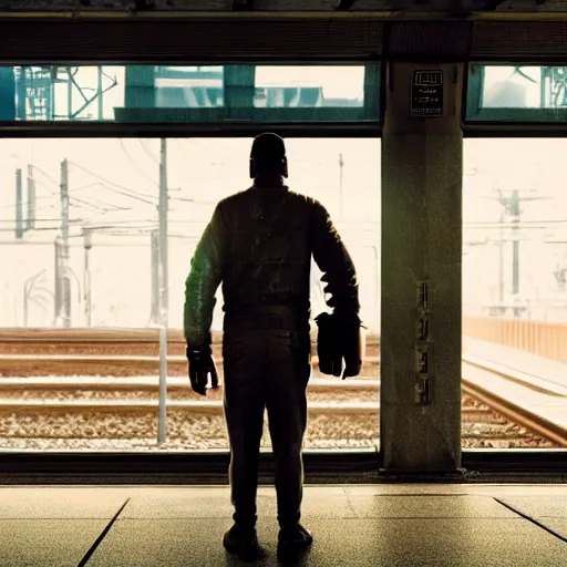 Image similar to photo of cyborg waiting for a train, 1970, soft light, morning light, photorealistic, realistic, octane, 8k, cinematic shot