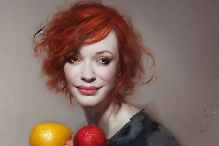 Image similar to A portrait of a Christina Hendricks eating various fruits by Ruan Jia and Mandy Jurgens and Artgerm and william-adolphe bouguerea, highly detailed, trending on artstation, award winning, H 768