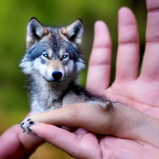 Image similar to photo of a tiny pet timber wolf sticking out of a pocket