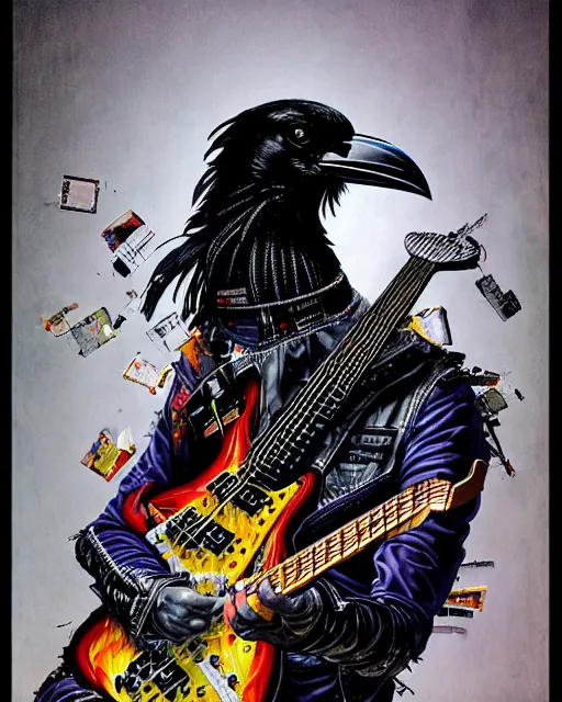 Image similar to a portrait of an anthropomorphic cyberpunk raven shredding an electric guitar as the guitar melts by sandra chevrier, by jon foster, detailed render, guitar, epic composition, cybernetics, 4 k realistic, cryengine, realistic shaded lighting, sharp focus, masterpiece, by enki bilal