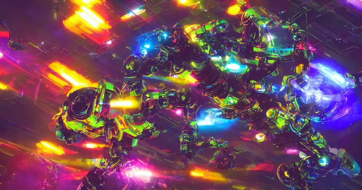 Prompt: vivid colors, spectrum, robot fight, drama, high quality, vray, cg, crazy, space