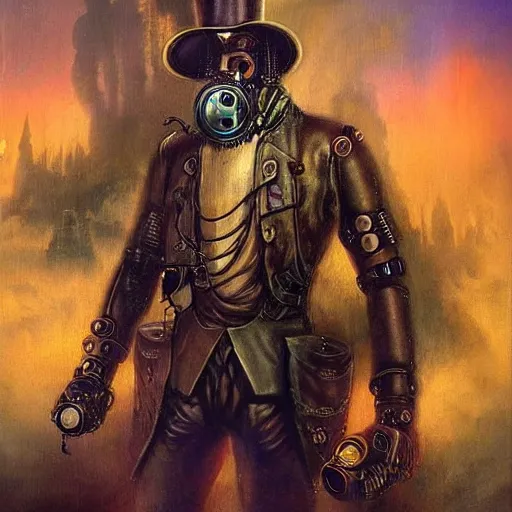 Image similar to steampunk android that emits purple fog, art by howard david johnson