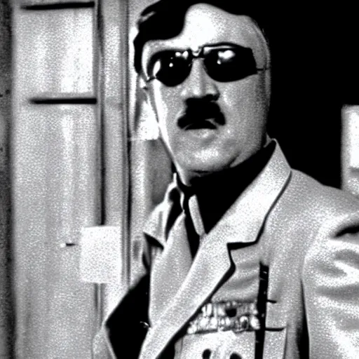 Image similar to A movie still of Hitler wearing a disco suit in Satuday Night Fever