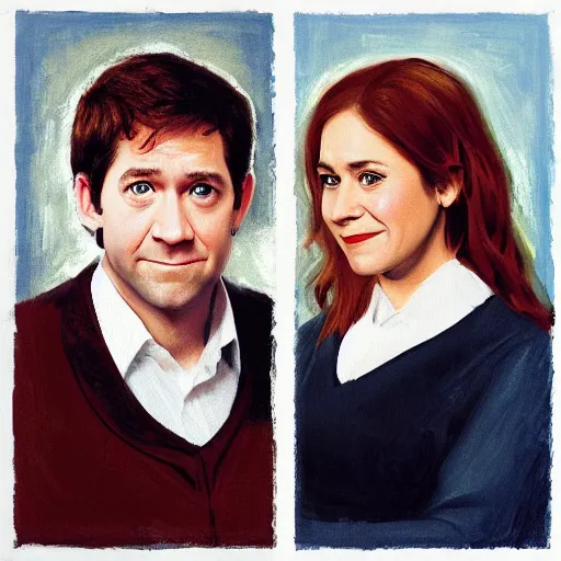 Image similar to portrait painting of jim halpert and pam beesly, in the style of caravaggio