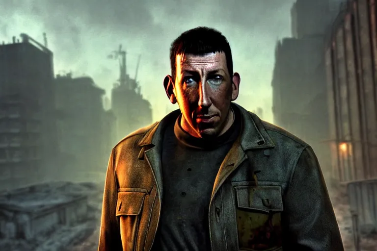 Image similar to fallout 5, adam sandler closeup, portrait, outdoors european cityscape, atmospheric lighting, painted, intricate, volumetric lighting, beautiful, daytime, winter, clear weather, mutated wildlife, sharp focus, deep colours, ultra detailed, art by william turner