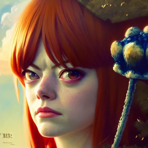 Prompt: emma stone as anime girl, mushroom kingdom, fantasy character portrait, concept art, interesting angle, intricate details, highly detailed by greg rutkowski, gaston bussiere, craig mullins, simon bisley