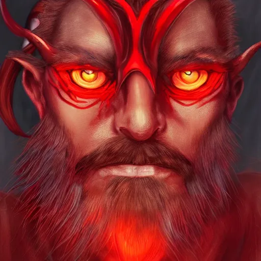 Prompt: dnd style portrait of a tiefling, male, red scales, red skin, a big black beard, completely golden eyes, 2 black ram horns growing out of his forehead,