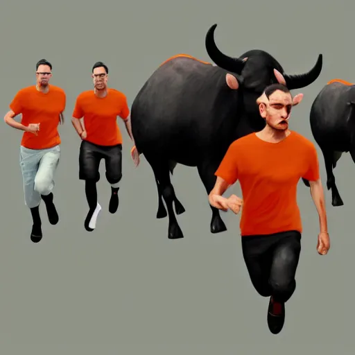 Image similar to man in orange t - shirt chased by big black bulls, artstation