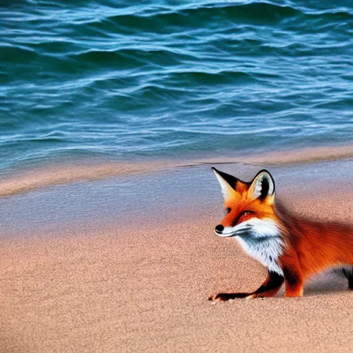 Image similar to fox chilling on the beach, photo, vaporwave