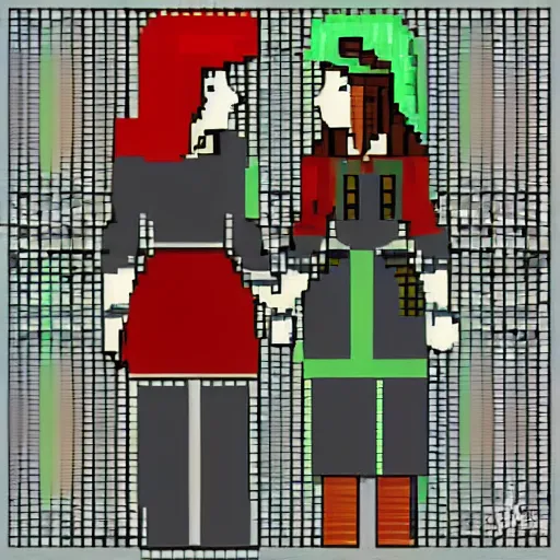 Prompt: two women holding hands in medieval fantasy kitchen, 8 bitfiction, pixel art