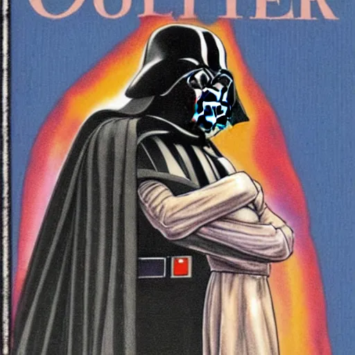 Image similar to a romance novel cover from 1 9 8 3, paperback, drawing, darth vader, yoda on the cover, romantic