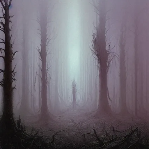Prompt: concept art of a eldritch horror, fantasy, forest, heavy fog, wayne barlowe and zdzislaw beksinski