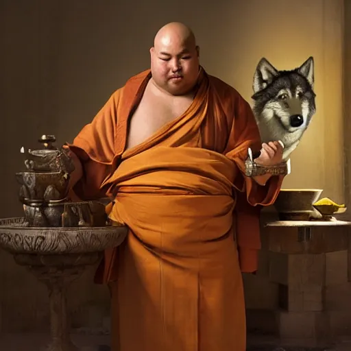 Image similar to fat wolf wearing a monk robes holding incense burner. natural lighting by ruan jia, portrait