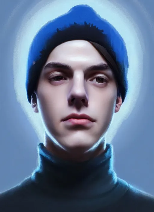 Prompt: portrait of teenage jughead jones wearing a light grey crown, crown, blue turtleneck, closed eyes, photorealistic, black hair, intricate, elegant, glowing lights, highly detailed, digital painting, artstation, concept art, smooth, sharp focus, illustration, art by wlop, mars ravelo and greg rutkowski