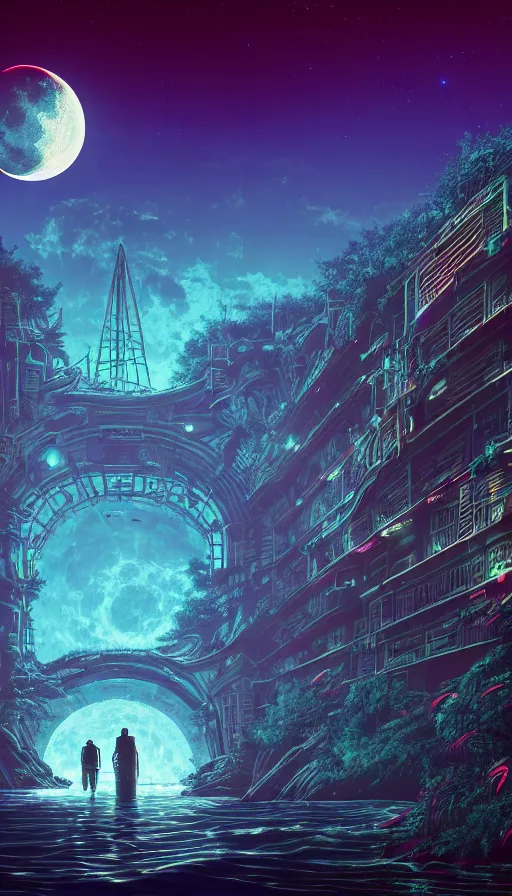 Image similar to reclaimed by nature by moon hoon, darkacademia atlantis cosmic san andreas at dawn neon signs tokyo synthwave universe, archdaily, wallpaper, highly detailed, trending on artstation.