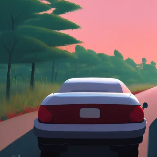 Image similar to goro fujita ilustration rear view of a car equipped with suitcases heading to the forest at sunset, painting by goro fujita, sharp focus, highly detailed, artstation