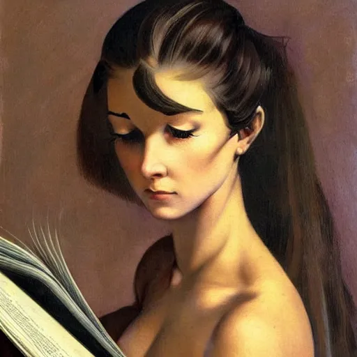 Prompt: a girl reading book, hair flowing down, in the style of Frank Frazetta, Jeff Easley, Caravaggio, extremely clear and coherent, clear lines, 8K revolution