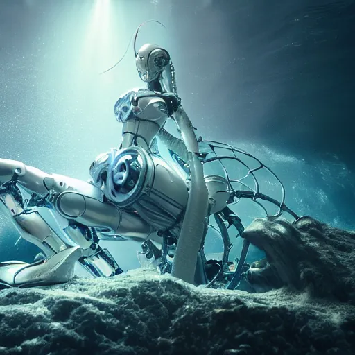 Image similar to biomechanical mecha white mermaid underwater, rays of light. Style of westworld, cables, lights, searchlight, weta digital, octane render, insane details, ultra realistic, beatifully lit, reflections