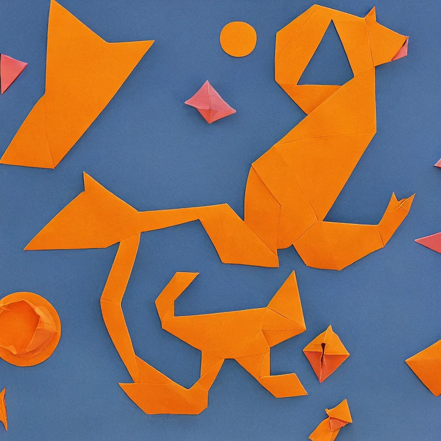 a surreal landscape of a cat folded into origami in a