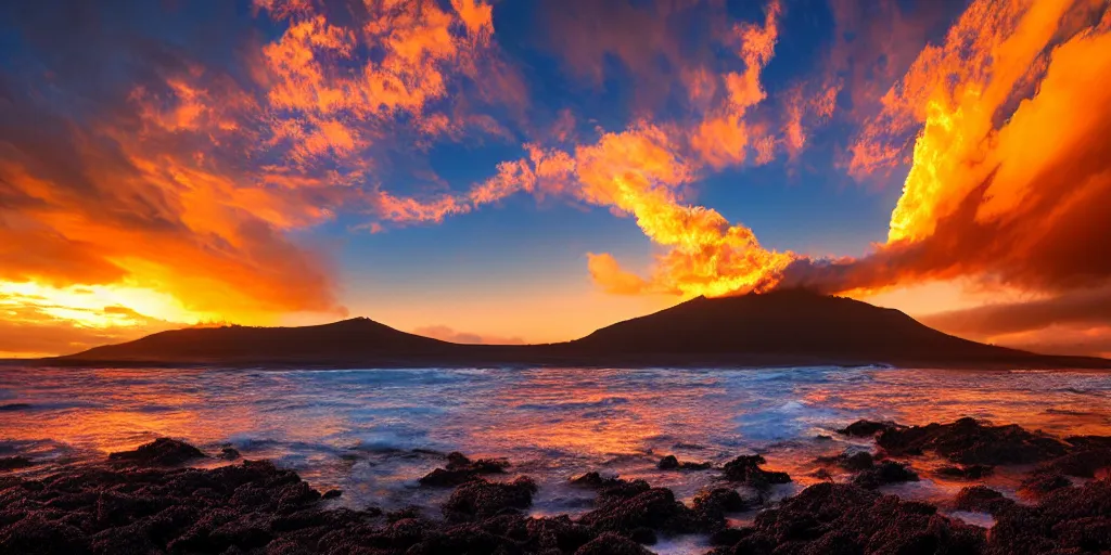 Prompt: award winning photo of Hawaii volcanic landscape, golden hour, by Peter Lik,