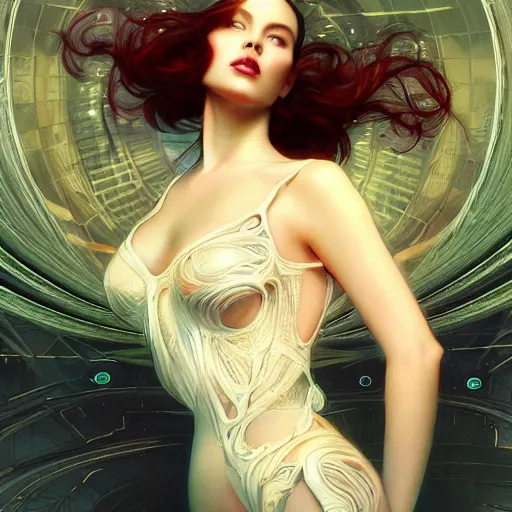 Image similar to front pose, stunning beautiful young girl alluring biomech - cyberpunk model with porcelain skin, rim light, headdress of liquid dark energy, ultra - fine detail, deep space, art nouveau futuristic background, heavily detailed, spherical mesh wire, digital art by artgerm, mucha, loish, wlop, kilian eng, artstation