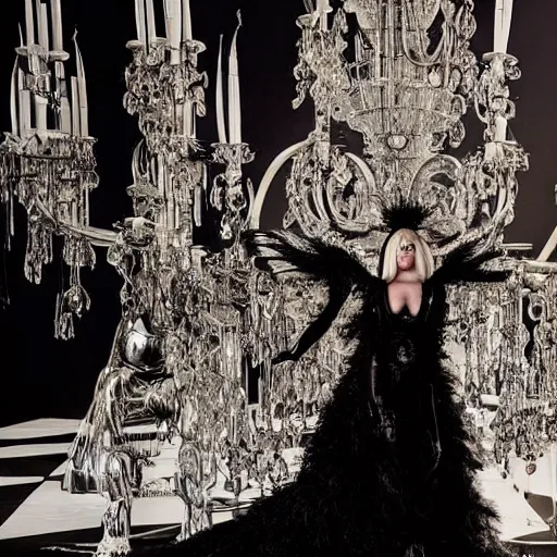 Prompt: lady gaga in a black dress standing in front of a chandelier, a statue by Alexander McQueen, featured on cg society, gothic art, made of feathers, made of glass, feminine